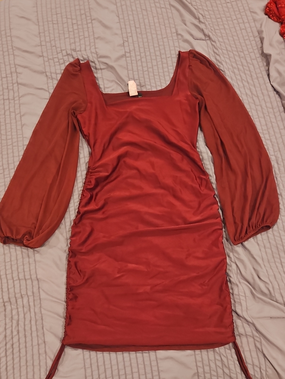 Red Long Sleeve Ruched Bodycon Dress